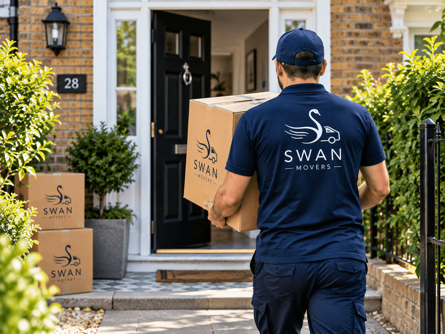 A Swan Movers mover in navy branded uniform carries a large cardboard box towards the open front door of a brick house.