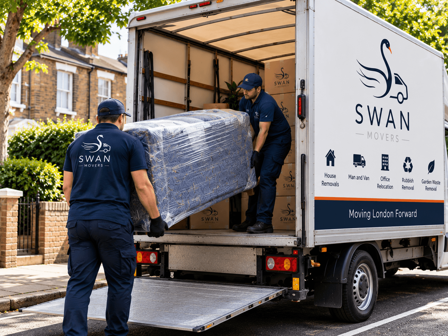 Two Swan Movers movers lift a shrink-wrapped piece of furniture onto the tail lift of a loaded Swan Movers Luton van.