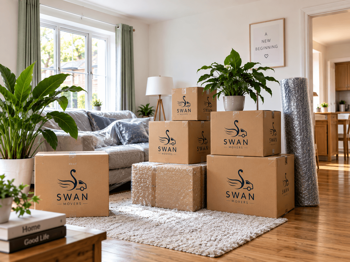 A living room mid-move, with stacked Swan Movers boxes, a roll of protective wrap and a sofa wrapped in clear plastic film.