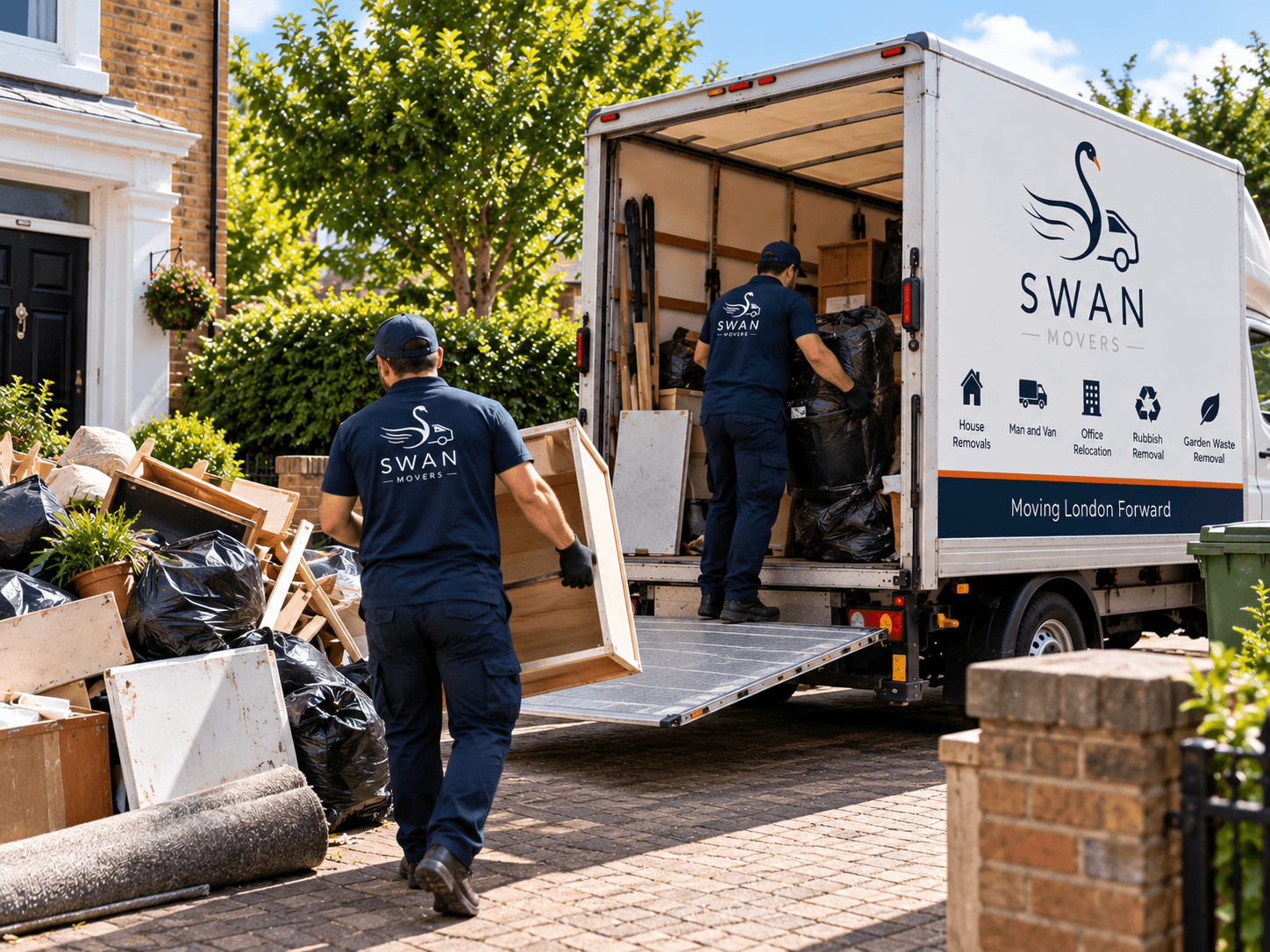 Two Swan Movers movers load bagged waste, old timber and a rolled carpet into a Swan Movers Luton van beside a pile of items.