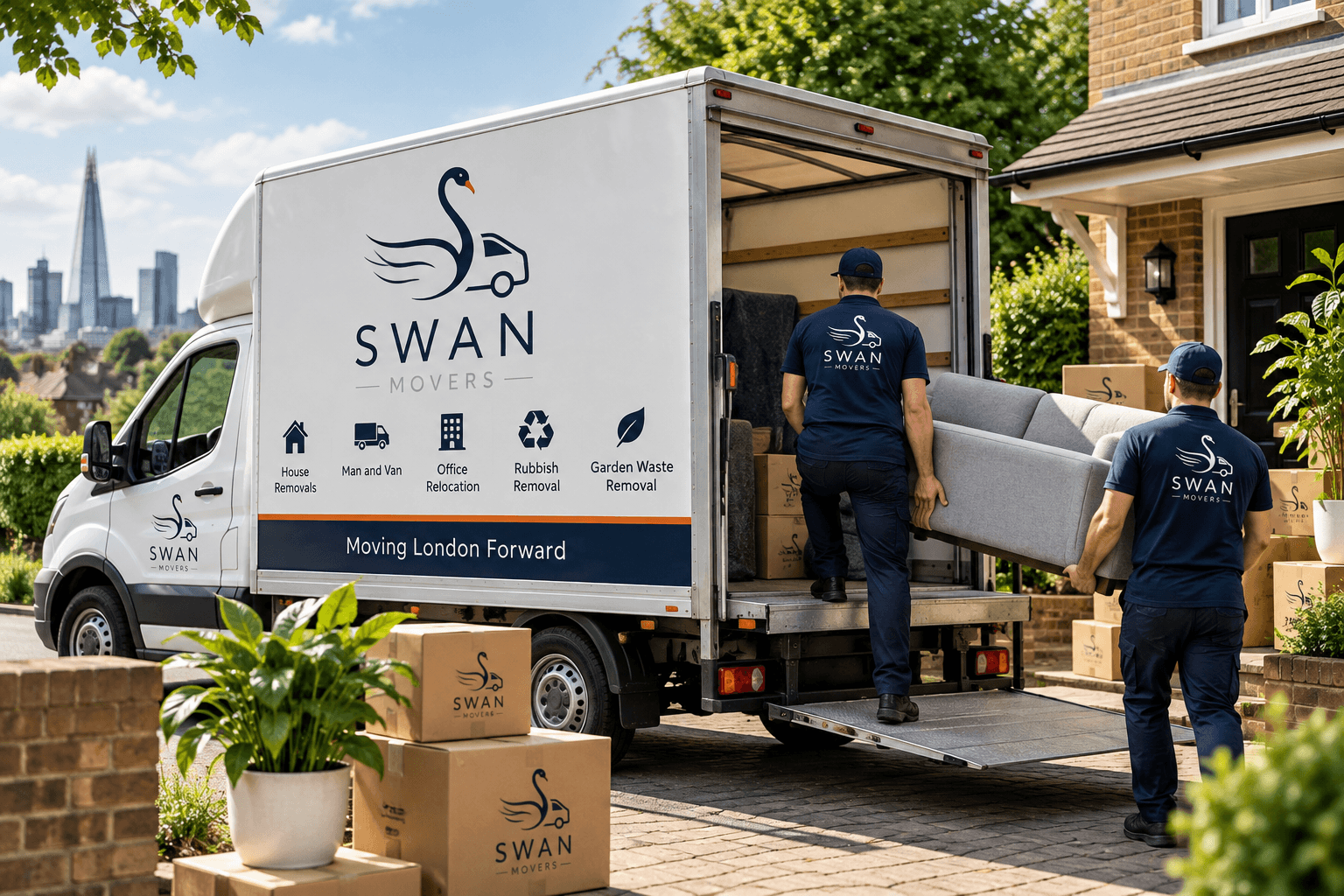 Two movers in navy Swan Movers uniforms carry a grey sofa towards the lowered tail lift of a branded Swan Movers Luton van, with Swan Movers boxes stacked on a garden wall and driveway and the London skyline behind.