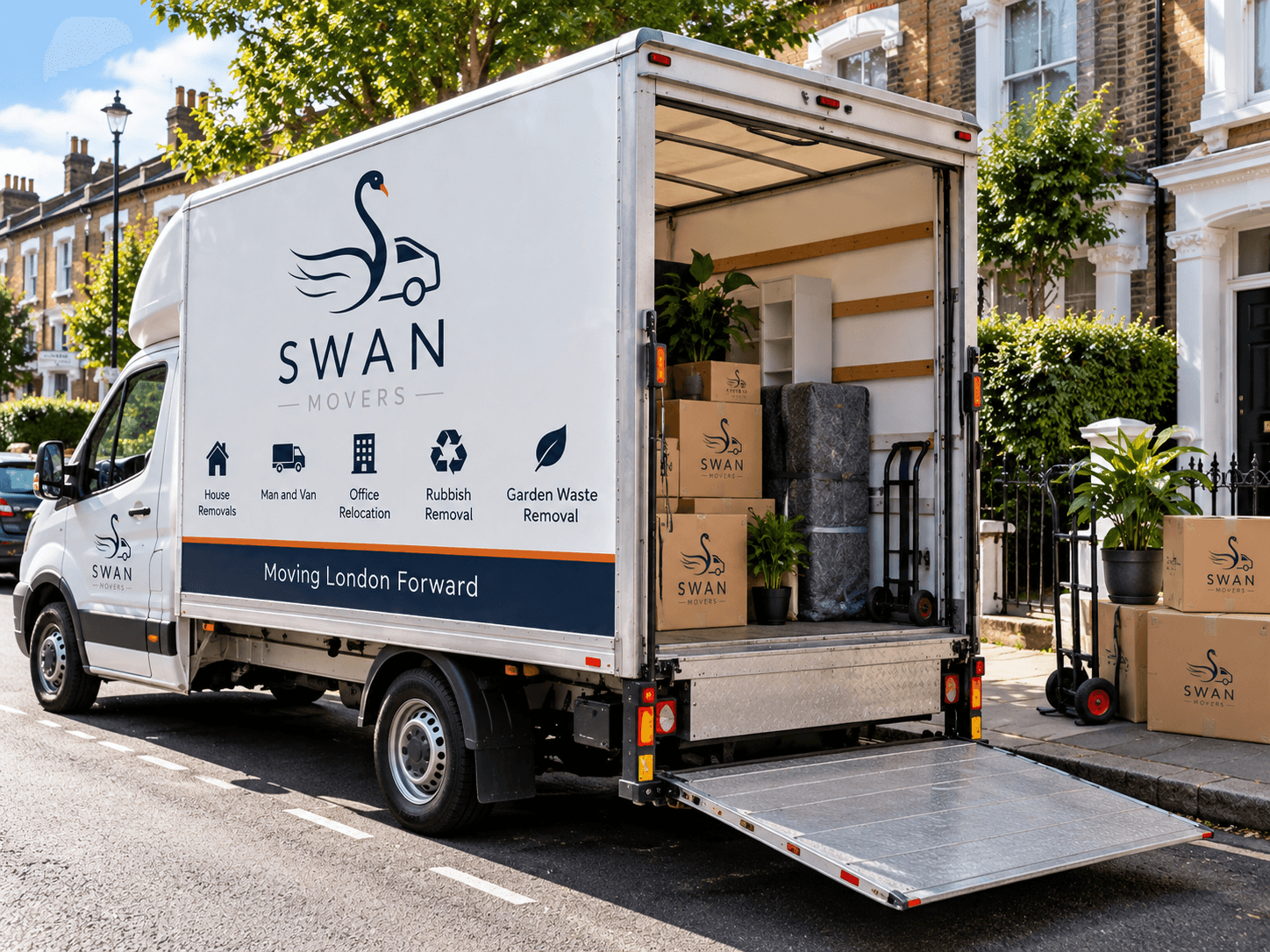 A Swan Movers Luton van parked on a residential street with its rear doors open and the aluminium tail lift lowered to the road, loaded with cardboard boxes, a wrapped mattress and household furniture.